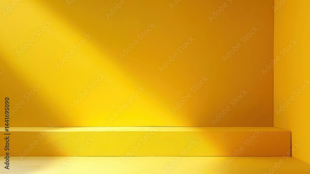 Poster empty bright yellow room with a stepped platform and soft sunlight casting shadows creating a warm a