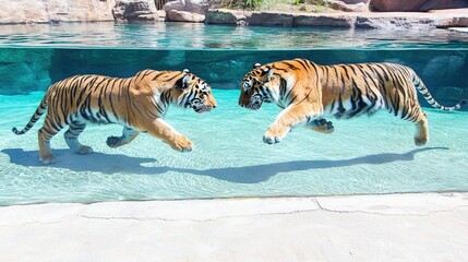 Two Majestic Tigers Playfully Swimming Underwater in Clear Scenic Pool at a Zoo