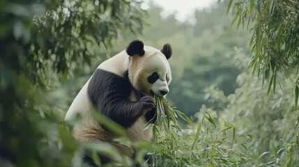 Adorable panda munching on bamboo in a lush green environment surrounded by nature