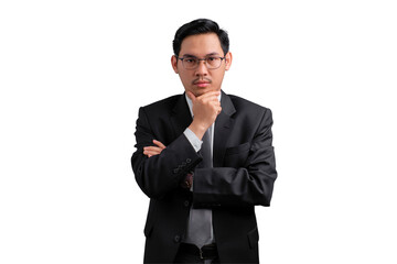 Confident Asian businessman in suit thinking and looking away, isolated on transparent background