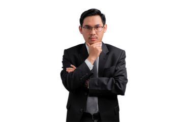 Confident Asian businessman in suit thinking and looking away, isolated on transparent background