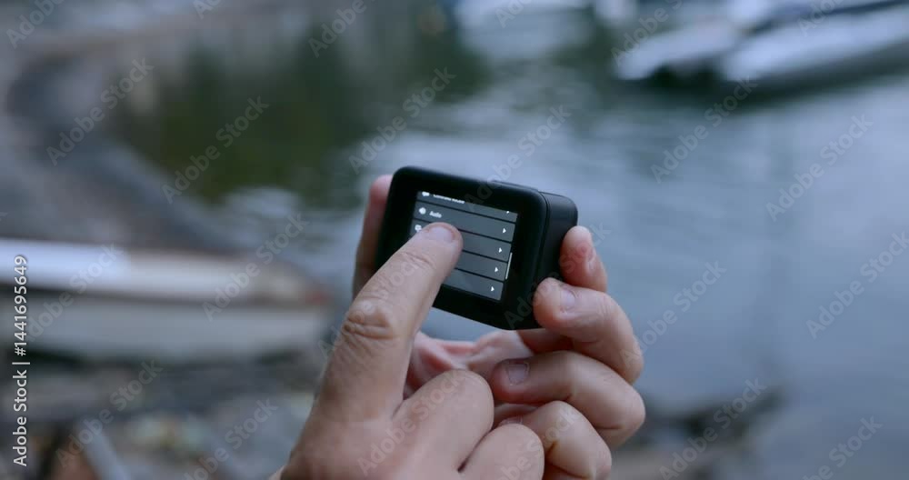 Aufkleber a person adjusting the settings on an action camera's screen, showing footage setup, user interface,
