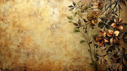 Flowers spread on textured wall, golden background. Vintage aesthetic scene - Powered by Adobe