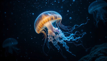 Glowing Jellyfish In Dark Underwater Environment