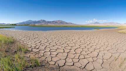 Dry Cracked Earth and Calm Water Under Clear Sky in Scenic Landscape
