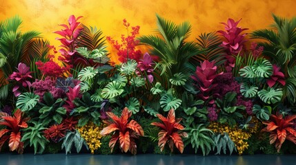 Lush tropical plant life explosion with vibrant colors and exotic greenery