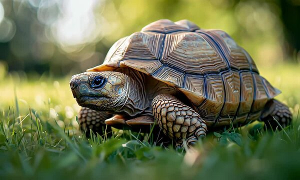 Close Up of Tortoise Walking on Green Grass With Bokeh Background in Outdoor Setting Under Bright Sunlight With Detailed Shell