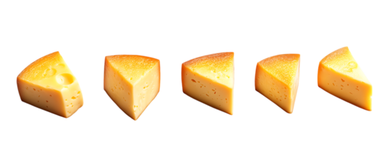 Five wedges of firm yellow cheese are neatly arranged for culinary advertising copy space isolated on a transparent background.