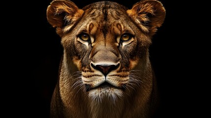 Majestic Lioness Staring Directly at the Viewer Against Dark Background