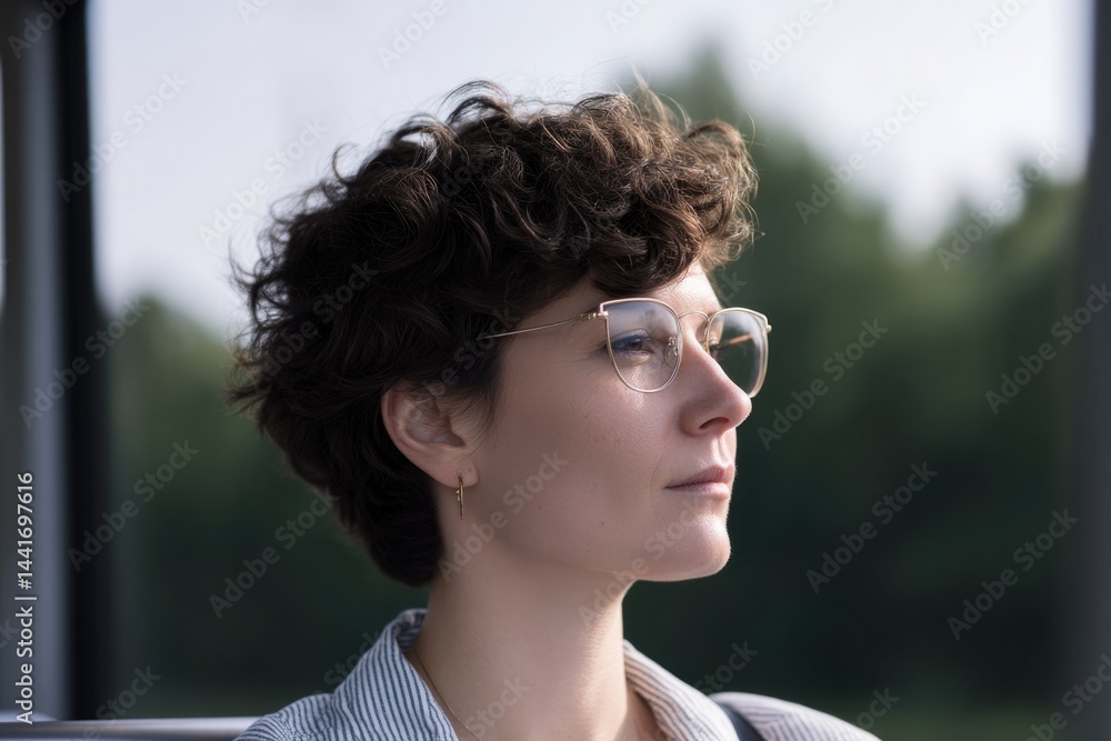 Poster minimalistic portrait of individual seated in bus with blurred background providing ample copy space