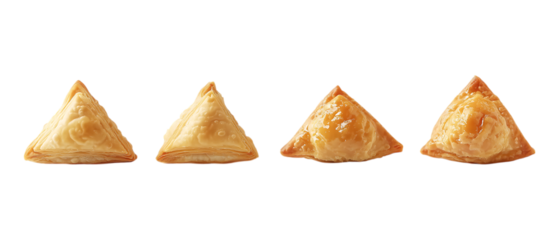 Four golden brown baked savory turnovers arranged neatly in a line for use as appetizer marketing visuals isolated on transparent background.