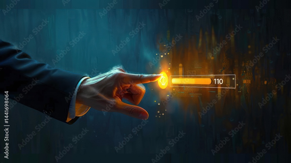 Poster hand in business suit reaching out to touch glowing digital power button interface with progress bar