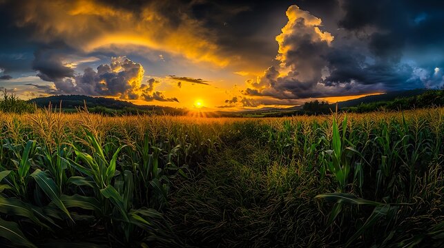 dramatic sunset over green cornfield with cloudy sky and glowing sunlight in rural countryside

 - Powered by Adobe