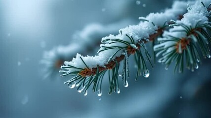 Delicate Frozen Pine Branch with Snow and Ice Droplets Reflecting Winter's Beauty - Powered by Adobe