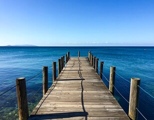 Obraz premium Wooden dock overlooking ocean,summer, calm, horizon, oil, relaxation, dock, ocean, cloud, nature, sky, vacation, water, beach, landscape, travel, view, wooden, atmosphere, calmness, 