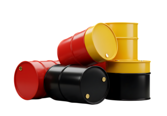 A stack of colorful barrels in red yellow and black on a black background in a studio shot setting on transparent background