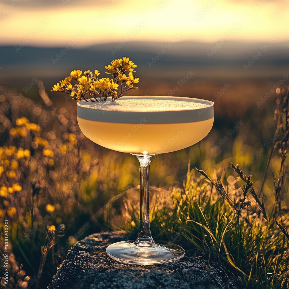 Poster among the endless fields there is a white cocktail.