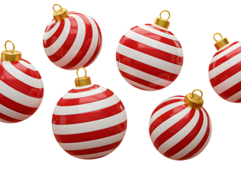 A festive arrangement of red and white striped christmas ornaments on a black background design element on transparent background
