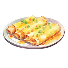 watercolor A plate of enchiladas with melted cheese illustration