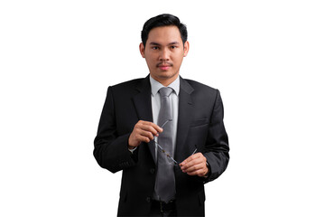 Confident Asian businessman adjusting eyeglasses and looking serious, isolated on transparent background