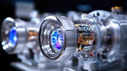 Fototapeta premium High-tech scientific instrument close-up. Precision components and intricate mechanisms. Illuminated by vibrant blue light