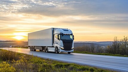 Modern Freight Truck on Scenic Road During Sunrise with Beautiful Sky and Landscape Backdrop
