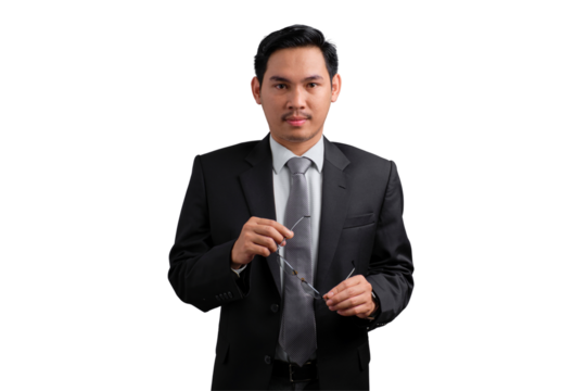 Confident Asian businessman adjusting eyeglasses and looking serious, isolated on transparent background - Powered by Adobe