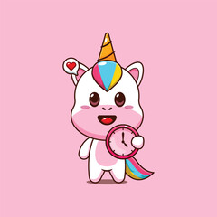 Cute unicorn cartoon vector illustration with clock