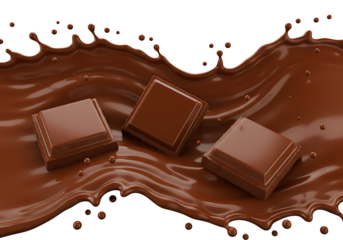 Three chocolate squares in a splash of chocolate on a black background, sweet treat delighting all on transparent background