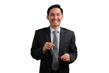 Confident young Asian businessman adjusting eyeglasses and smiling, dressed in formal suit, isolated on transparent background