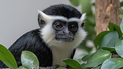 Fototapeta premium Close-Up of a Black and White Monkey Among Green Leaves in a Natural Habitat Setting