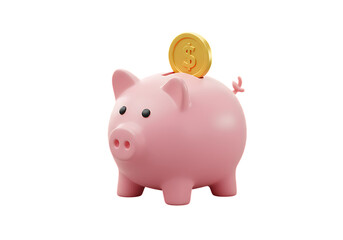 A pink piggy bank with a gold coin on top against a black background in a studio shot render on transparent background