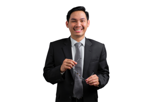 Confident young Asian businessman adjusting eyeglasses and smiling, dressed in formal suit, isolated on transparent background - Powered by Adobe