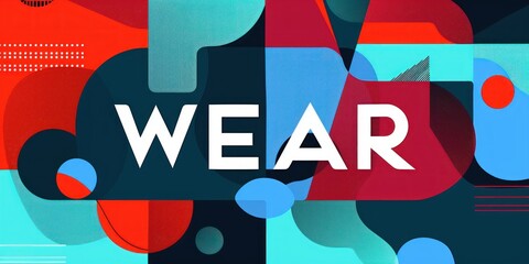Colorful abstract geometric composition with bold overlapping shapes in red, blue, turquoise, and dark teal featuring large white text reading WEAR, evoking a modern and dynamic mood