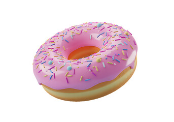 A delicious looking donut with pink frosting and colorful sprinkles isolated on a black background on transparent background