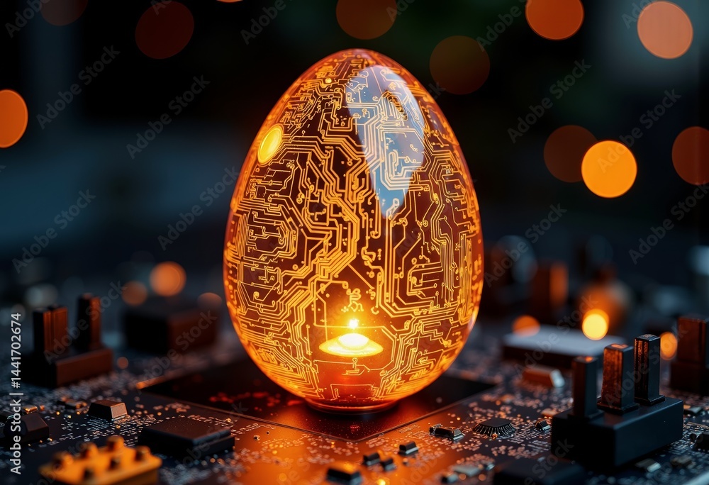 Poster digital egg glowing with circuit patterns on a dark background
