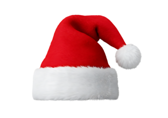 A festive santa hat with a white fluffy pom pom against a stark black background in a digital image on transparent background