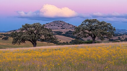 Sunset over rolling hills, wildflowers, and oak trees. Peaceful landscape for nature, travel, or environmental projects