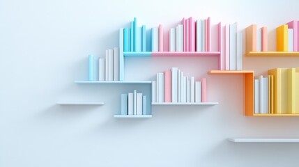 Obraz premium Colorful books neatly arranged on modern pastel shelves, and minimalist interior design concept with clean lines and soft lighting.