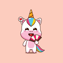 Cute unicorn cartoon vector illustration with hand fan