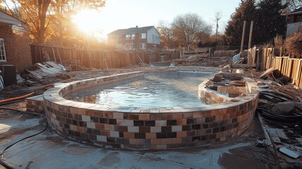 A swimming pool renovation, with tiles being replaced and water features installed