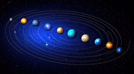 Solar System Planets with Orbits in Deep Space on Dark Background with Stars and Galaxies