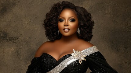 Elegant woman in glamorous black gown with sparkling details and cascading curly hairstyle