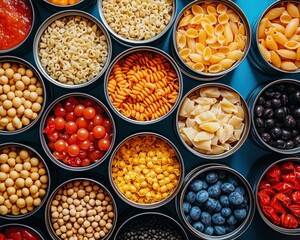 Variety of canned foods, assorted pasta and beans