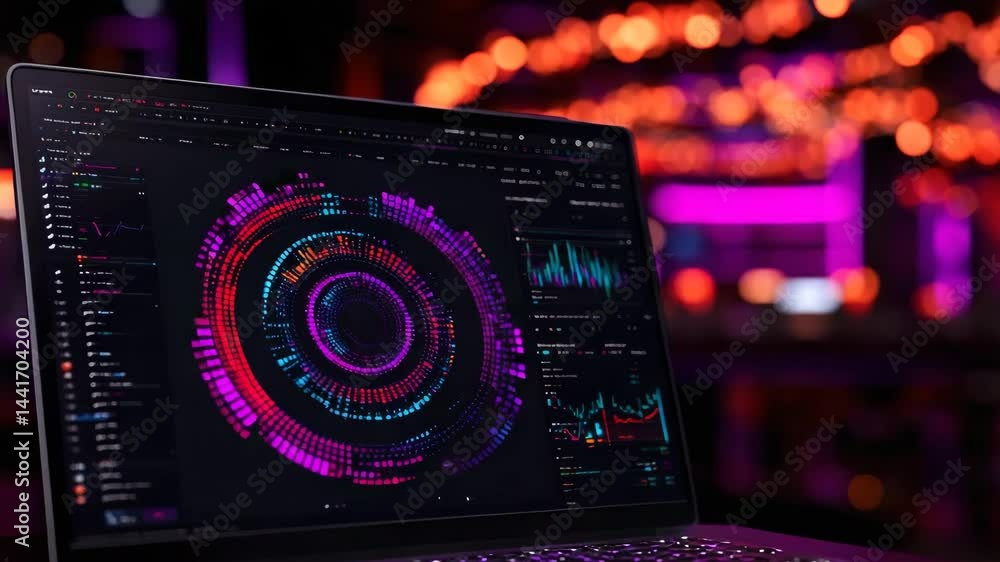 Poster a laptop displays vibrant circular data visualizations in a dark room with colorful neon lights and 