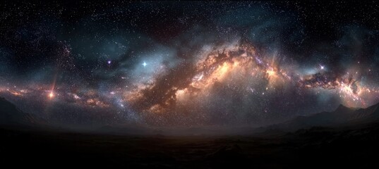 A dazzling view of the Milky Way galaxy stretches across a dark, clear night sky above a quiet landscape.