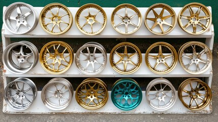 Display of Stylish Alloy Wheels in Various Colors and Designs on a White Wooden Shelf