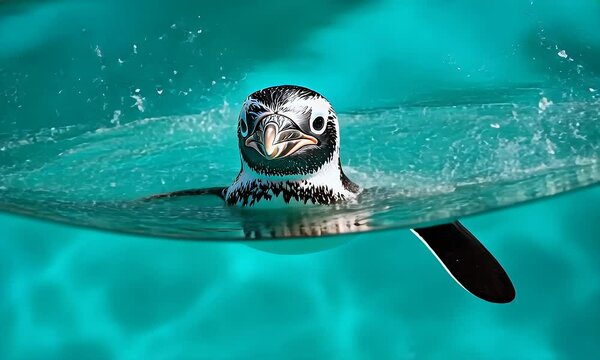 Charming Humboldt Penguin Swimming in a Turquoise Pool with Ripples Reflecting Sunlight with a Close Up Portrait of Wildlife in its Habitat