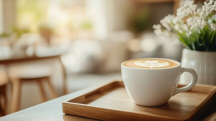 Obraz premium Cute latte art featuring a dog on top of a creamy coffee served in a white cup on a wooden tray in a cozy cafe setting during the afternoon