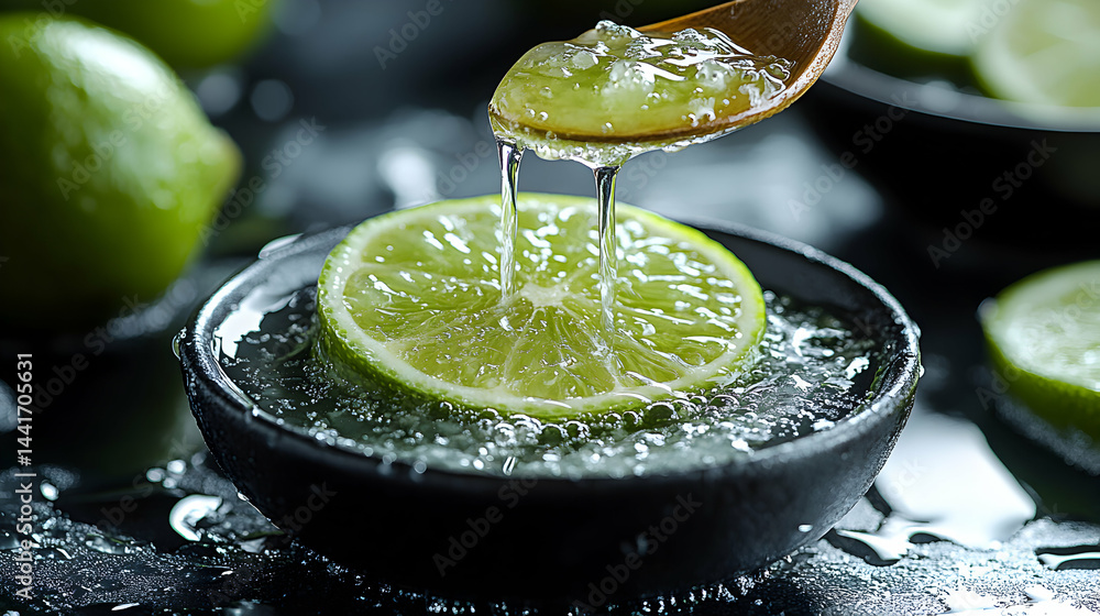 Poster refreshing lime juice pouring over a lime slice in a dark bowl. water droplets and dark background e